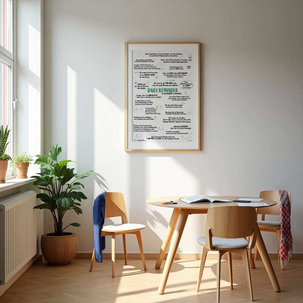 Daily Reminder Poster hängt an der Wand in einem sonnendurchfluteten Lehrerzimmer mit Tisch und Stühlen